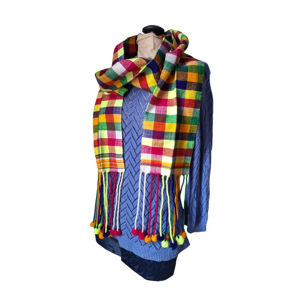 Peruvian Scarf Muffler with Pom Poms Colourful Woven Herringbone Handmade